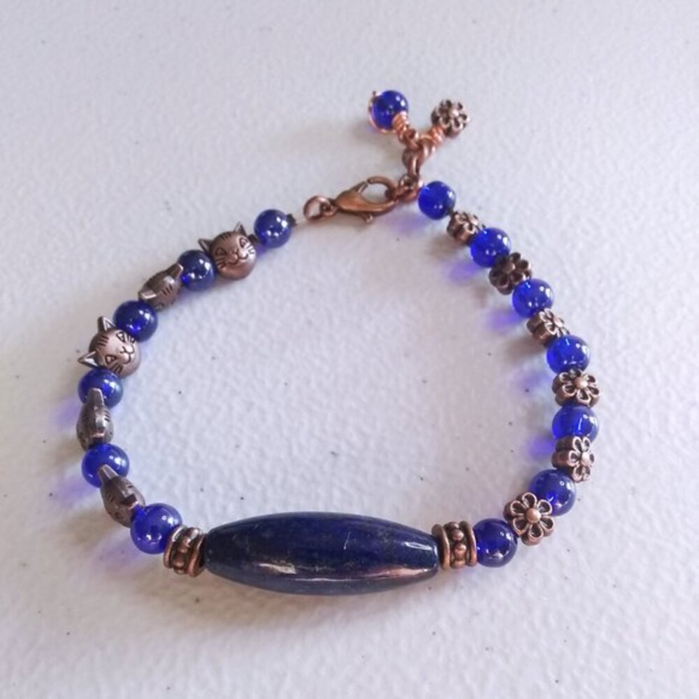 OOAK Cat Lovers Bracelet - Lapis Lazuli + Blue Glass + Copper Flowers & Cats